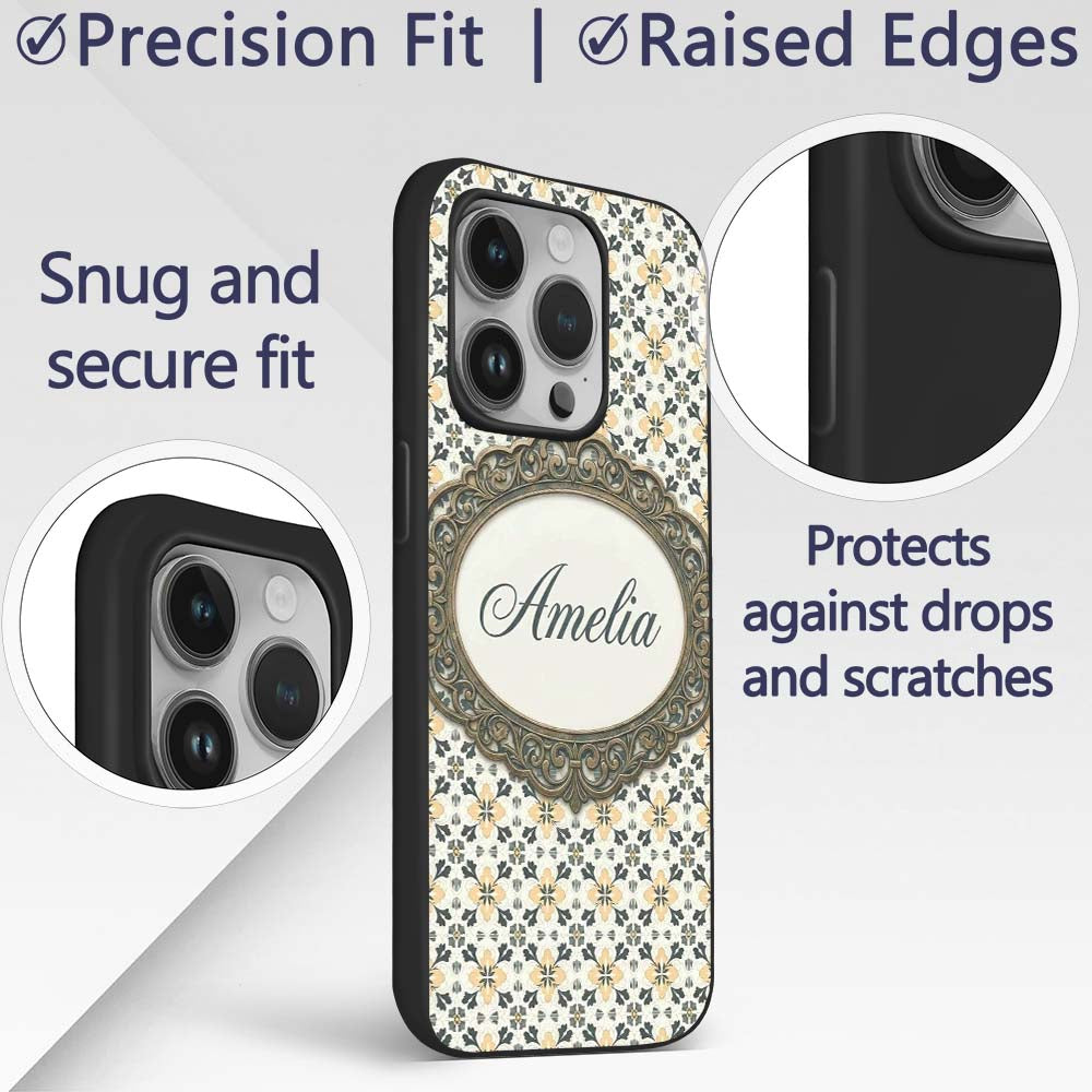 Stylish Black Gold Floral Tile Motif Seamless Custom Name Protective Phone Case Mobile Cover Durable Everyday Smartphone Shock Resistant