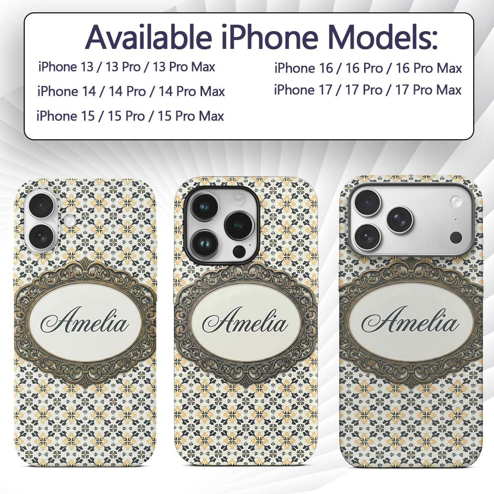 Stylish Black Gold Floral Tile Motif Seamless Custom Name Protective Phone Case Mobile Cover Durable Everyday Smartphone Shock Resistant
