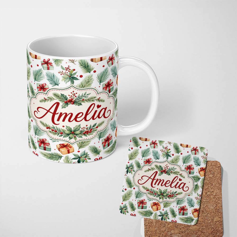 Personalized Custom Name Watercolor Christmas Gifts Pine Branches Holly Berries Seamless 11oz Ceramic Coffee Tea Mug White Large Handle