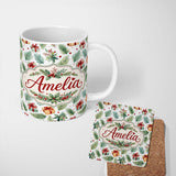 Personalized Custom Name Watercolor Christmas Gifts Pine Branches Holly Berries Seamless 11oz Ceramic Coffee Tea Mug White Large Handle