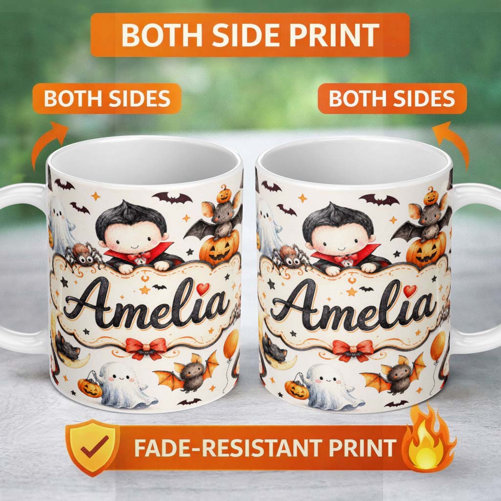 Personalized Custom Name Cute Halloween Dracula Ghost Bats on Light Beige Background Seamless 11oz Ceramic Coffee Tea Mug White Large Handle
