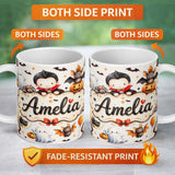 Personalized Custom Name Cute Halloween Dracula Ghost Bats on Light Beige Background Seamless 11oz Ceramic Coffee Tea Mug White Large Handle