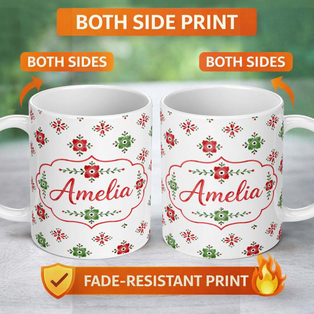 Personalized Custom Name Watercolor Scandinavian Folk Floral Red Green Seamless Pattern 11oz Ceramic Coffee Tea Mug White Large Handle
