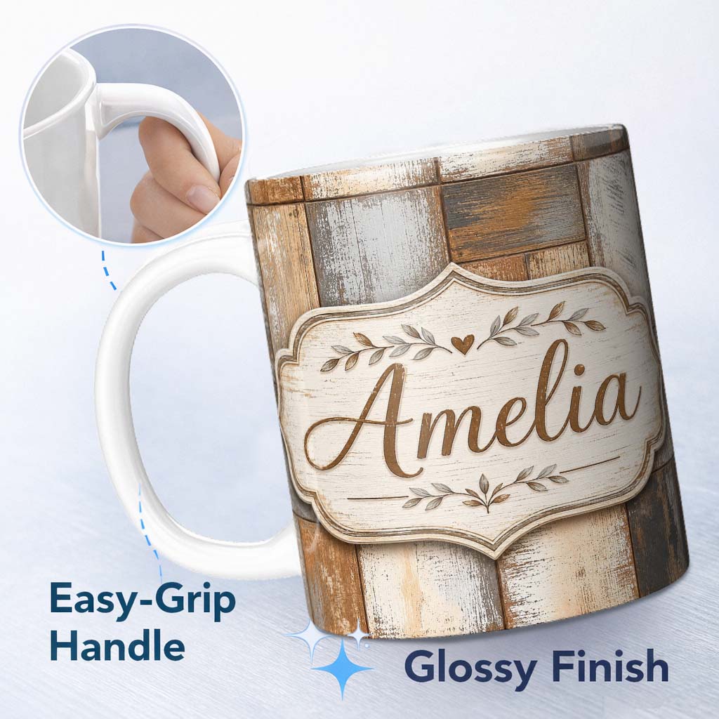 Personalized Custom Name Vintage Mixed Wood Panel Patchwork Rustic Seamless Pattern Lovely 11oz Ceramic Coffee Tea Mug White Large Handle