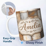 Personalized Custom Name Vintage Mixed Wood Panel Patchwork Rustic Seamless Pattern Lovely 11oz Ceramic Coffee Tea Mug White Large Handle