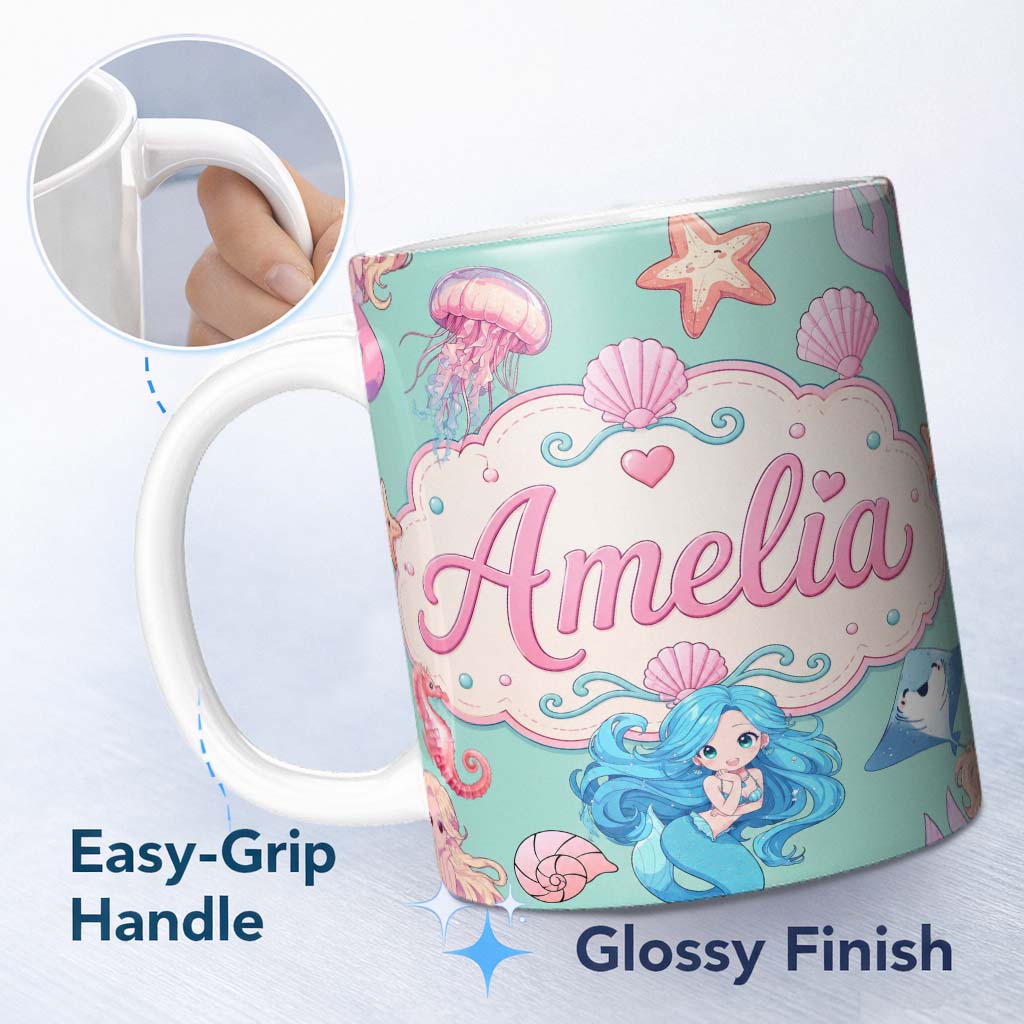 Personalized Custom Name Cute Blue Hair Mermaid Jellyfish Seahorse Mint Background Seamless 11oz Ceramic Coffee Tea Mug White Large Handle