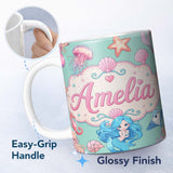 Personalized Custom Name Cute Blue Hair Mermaid Jellyfish Seahorse Mint Background Seamless 11oz Ceramic Coffee Tea Mug White Large Handle
