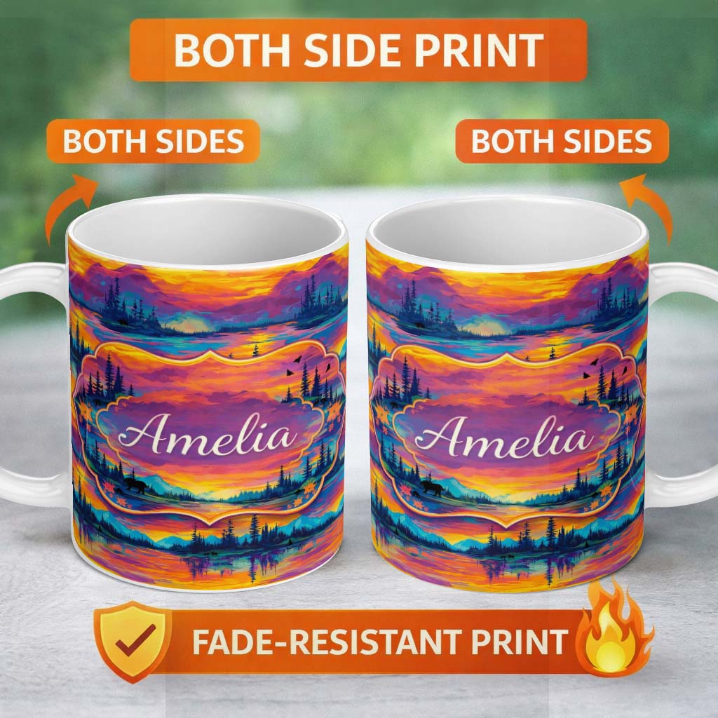 Personalized Custom Name Neon Sunset Mountain Lake Landscape Pattern Stylish Everyday Mug 11oz Ceramic Coffee Tea Mug White Large Handle