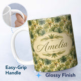 Personalized Custom Name Lush Green Tropical Palm Tree Pattern on Light Neutral Background 11oz Ceramic Coffee Tea Mug White Large Handle