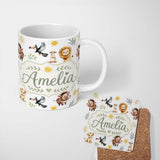 Personalized Custom Name Jungle Animals Lion Meerkat Toucan Boar on Light Grey Seamless 11oz Ceramic Coffee Tea Mug White Large Handle