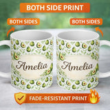 Personalized Custom Name Watercolor Avocado Botanical Pattern Perfect Gift for Her Lovely 11oz Ceramic Coffee Tea Mug White Large Handle