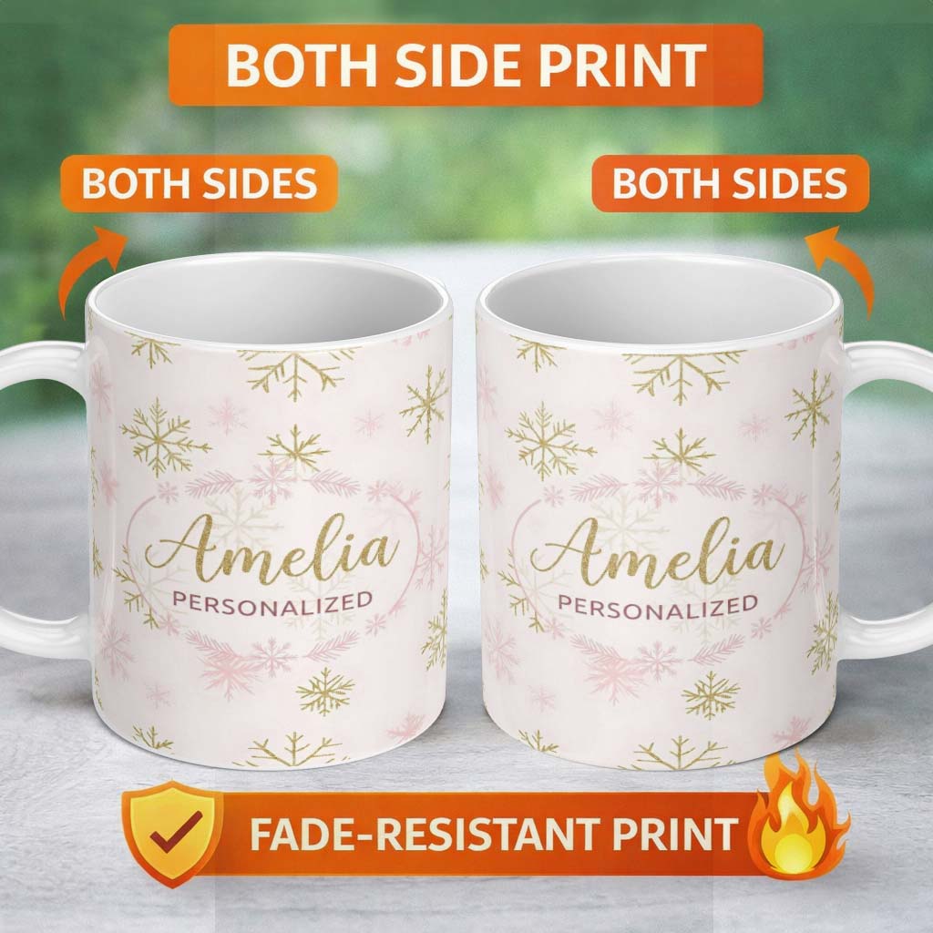 Personalized Custom Name Elegant Gold Snowflake White Pink Seamless Pattern Cute Unique Gift 11oz Ceramic Coffee Tea Mug White Large Handle