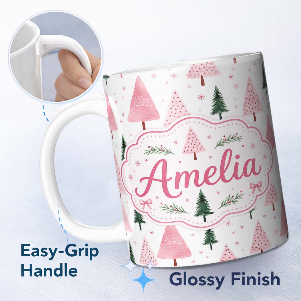 Personalized Custom Name Minimal Pink Green Christmas Tree Snow Seamless Pattern Lovely 11oz Ceramic Coffee Tea Mug White Large Handle
