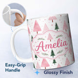 Personalized Custom Name Minimal Pink Green Christmas Tree Snow Seamless Pattern Lovely 11oz Ceramic Coffee Tea Mug White Large Handle