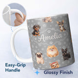 Personalized Custom Name Cute Dog Breeds Paw Print Seamless Pattern on Grey Background Lovely 11oz Ceramic Coffee Tea Mug White Large Handle