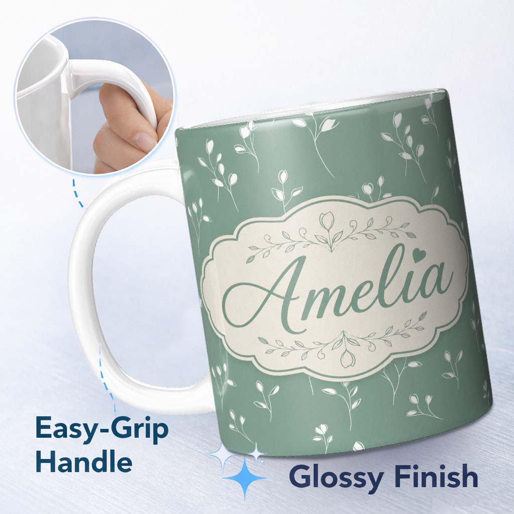 Personalized Custom Name Minimalist Sage Green Floral Bud Pattern with Delicate White Line 11oz Ceramic Coffee Tea Mug White Large Handle