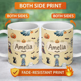 Personalized Custom Name Halloween Zombie Mummy Vampire Bat Spooky Cream Seamless Pattern 11oz Ceramic Coffee Tea Mug White Large Handle
