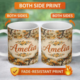 Personalized Custom Name Detailed Botanical Branches with Orange Flowers and Birds Vintage 11oz Ceramic Coffee Tea Mug White Large Handle