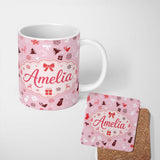 Personalized Custom Name Festive Red White Christmas Mixed Seamless Pattern Cute Unique Gift 11oz Ceramic Coffee Tea Mug White Large Handle