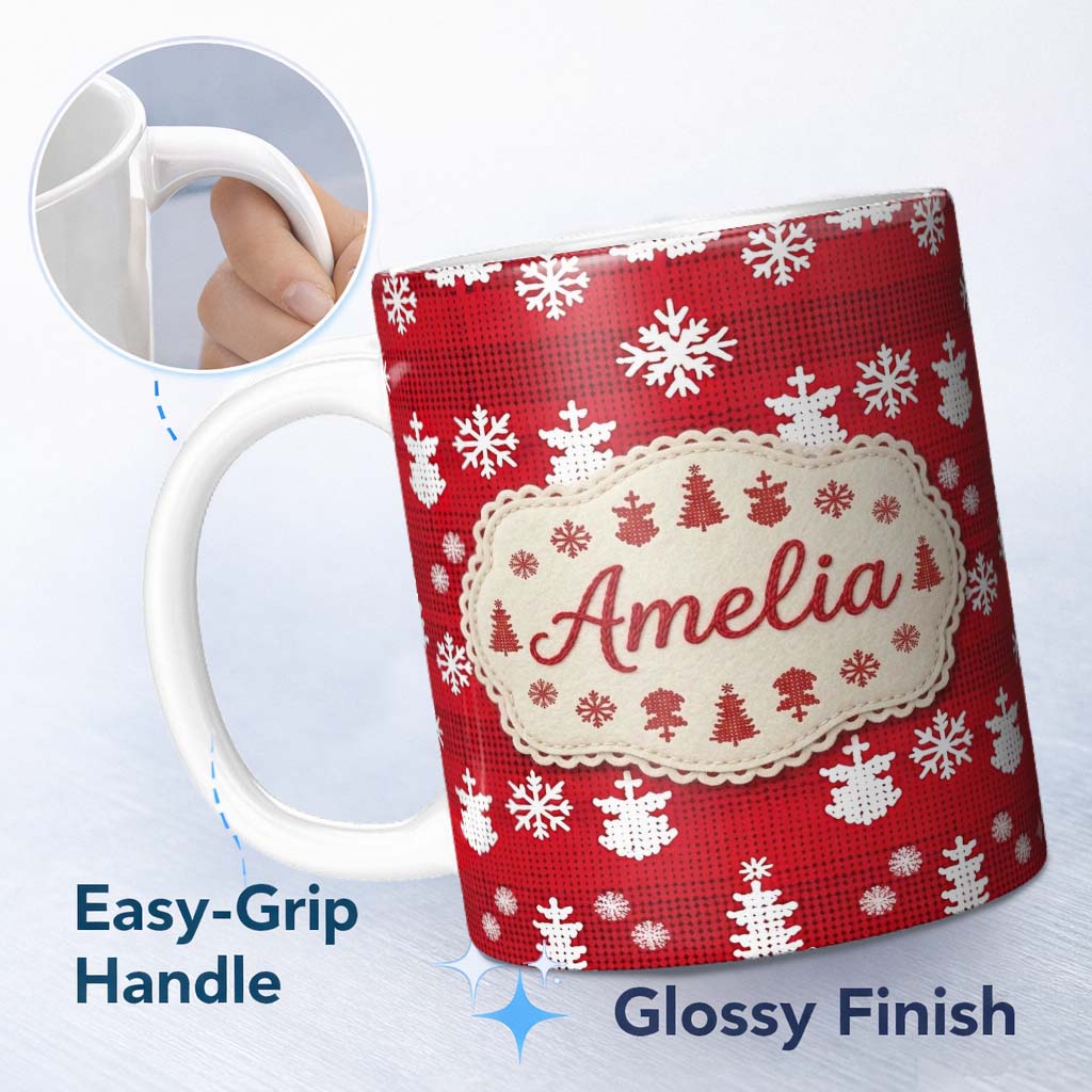 Personalized Custom Name Cute Red Knitted Christmas Tree Snowflake Nordic Festive Seamless 11oz Ceramic Coffee Tea Mug White Large Handle