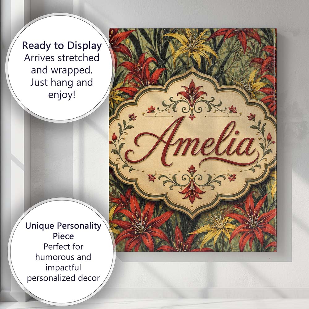 Personalised Name Tropical Red Yellow Custom Modern Room Accent Creative Decorator Style Canvas Wall Art Print Decor Picture Ready to Hang