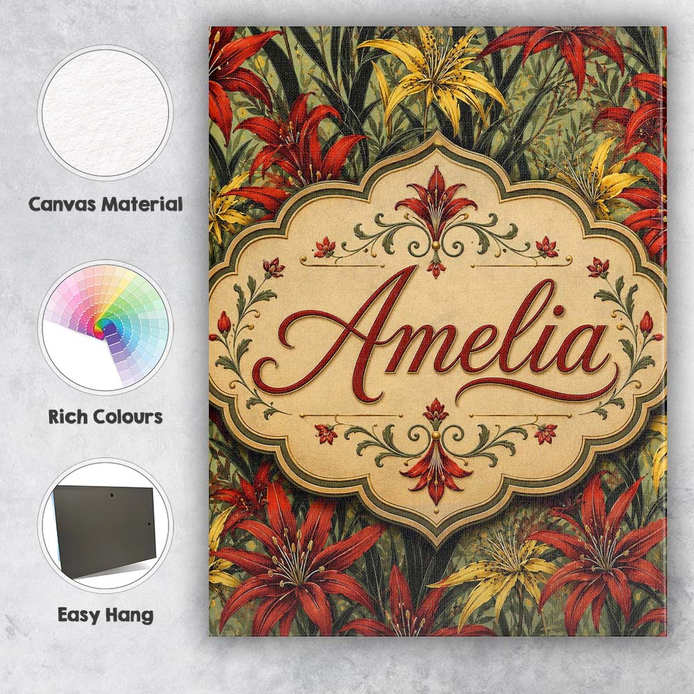 Personalised Name Tropical Red Yellow Custom Modern Room Accent Creative Decorator Style Canvas Wall Art Print Decor Picture Ready to Hang