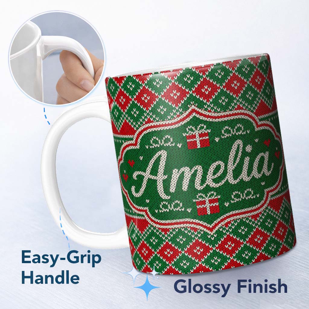 Personalized Custom Name Green Christmas Gift Box Knitted Fair Isle Seamless Pattern Lovely 11oz Ceramic Coffee Tea Mug White Large Handle