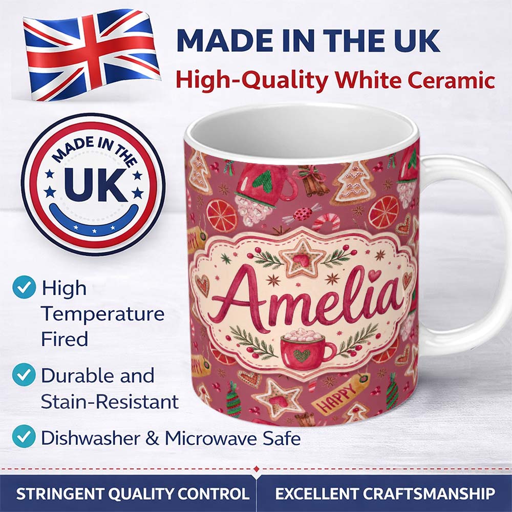 Personalized Custom Name Watercolor Christmas Sweets Candy Cookie Festive Seamless Pattern 11oz Ceramic Coffee Tea Mug White Large Handle