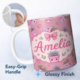 Personalized Custom Name Cute Pink Plant Pots Leaves Strawberry Seamless Pattern Rose Lovely 11oz Ceramic Coffee Tea Mug White Large Handle