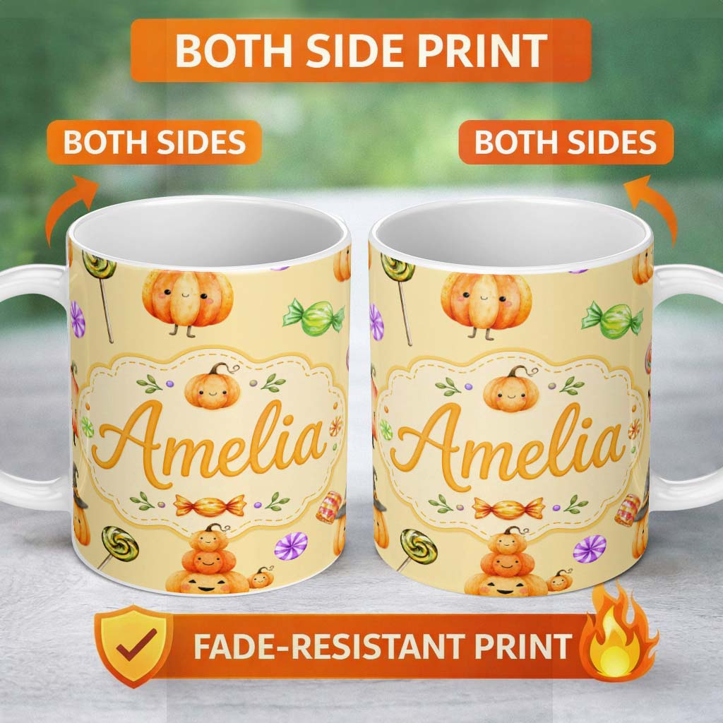 Personalized Custom Name Cute Halloween Pumpkin Candy Characters Warm Beige Background 11oz Ceramic Coffee Tea Mug White Large Handle