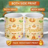 Personalized Custom Name Cute Halloween Pumpkin Candy Characters Warm Beige Background 11oz Ceramic Coffee Tea Mug White Large Handle