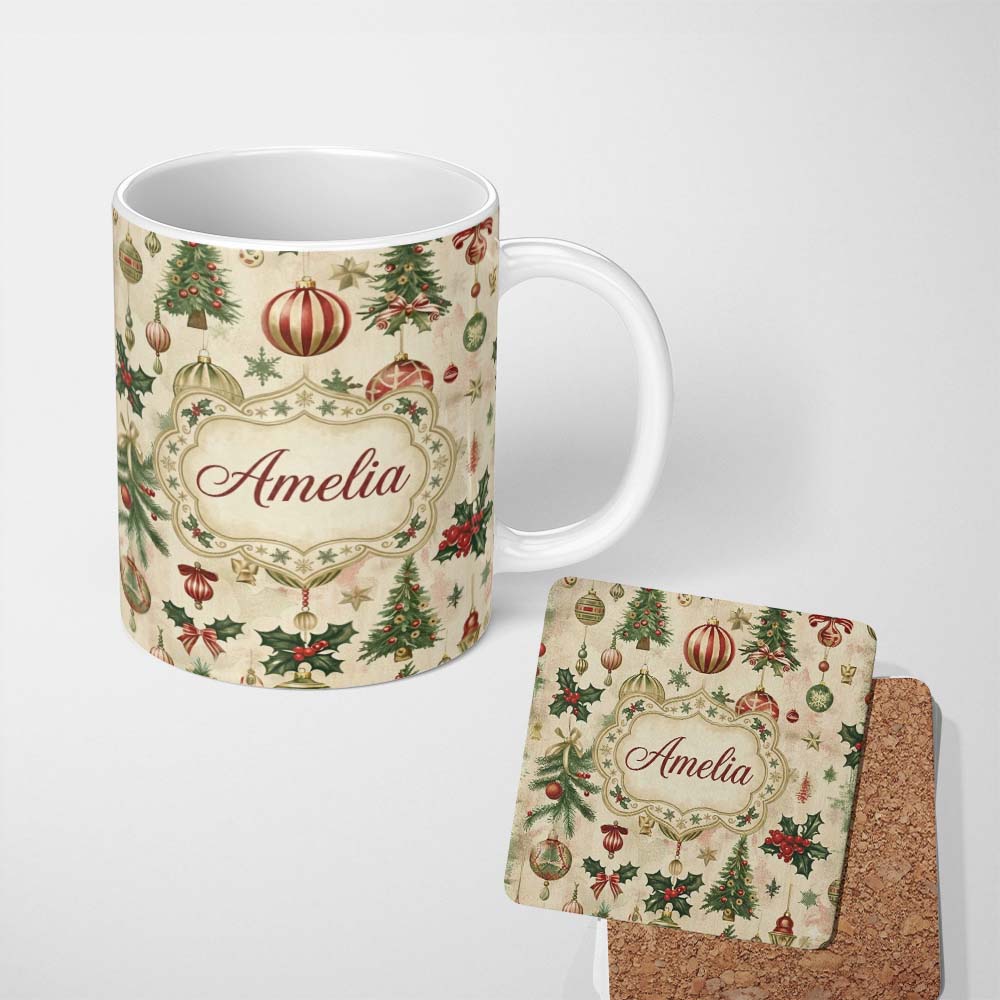 Personalized Custom Name Classic Hanging Christmas Bauble Tree Holly Elegant Seamless Pattern 11oz Ceramic Coffee Tea Mug White Large Handle