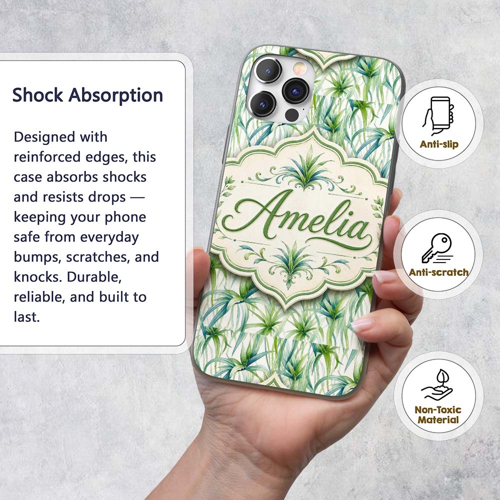 Fresh Tropical Spider Plant Foliage Seamless Custom Name Protective Phone Case Mobile Cover Durable Everyday Smartphone Shock Resistant