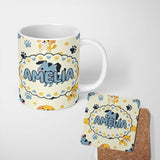 Personalized Custom Name Cute Cartoon Puppies and Paw Prints Kawaii Style Seamless Pattern 11oz Ceramic Coffee Tea Mug White Large Handle