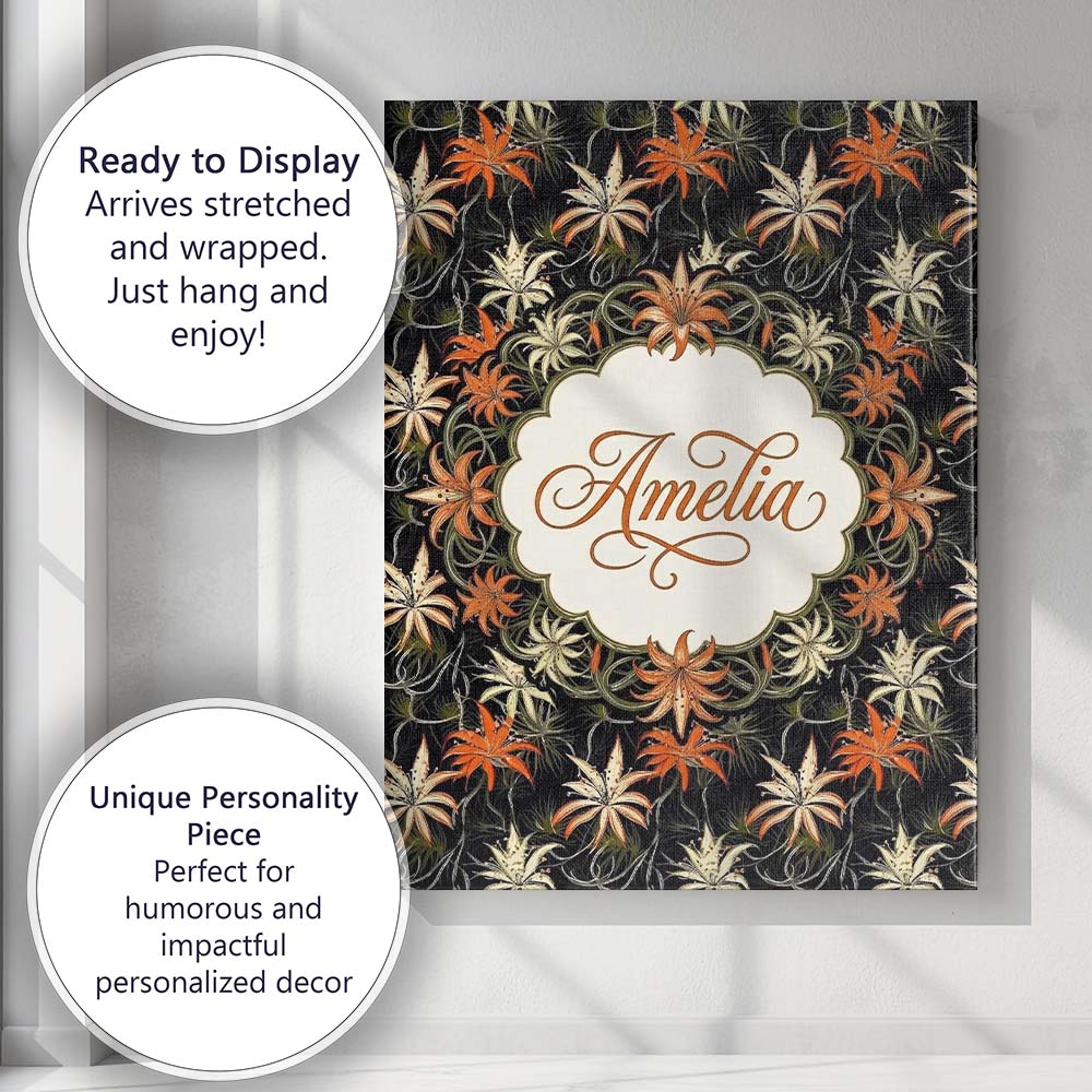 Personalised Name Elegant Orange Lily Custom Modern Room Accent Creative Decorator Style Canvas Wall Art Print Decor Picture Ready to Hang