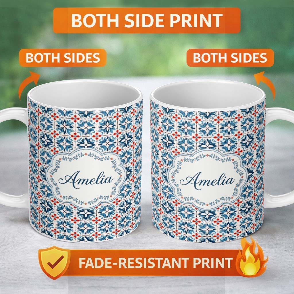 Personalized Custom Name Traditional Blue Red Floral Tile Motif Seamless Pattern Lovely 11oz Ceramic Coffee Tea Mug White Large Handle