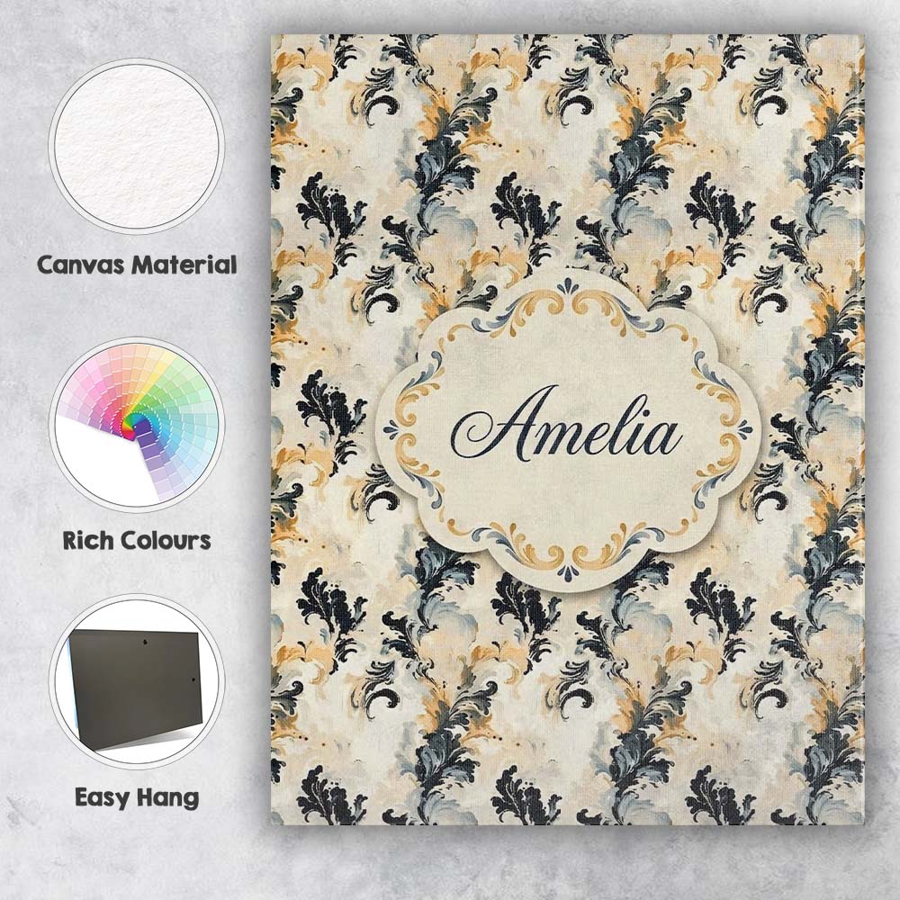 Personalised Name Classic Beige Black Ornamental Damask Seamless Custom  Interior Canvas Wall Art Print Decor Picture Ready to Hang