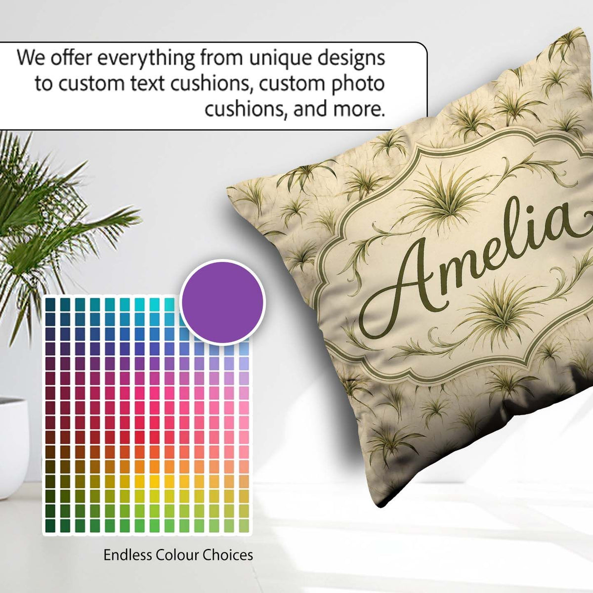 Custom Name Minimal Beige Air Botanical Seamless Pattern Design Square Filled Cushion Throw Pillow Sofa Bed Home Decor Zip Washable UK Made