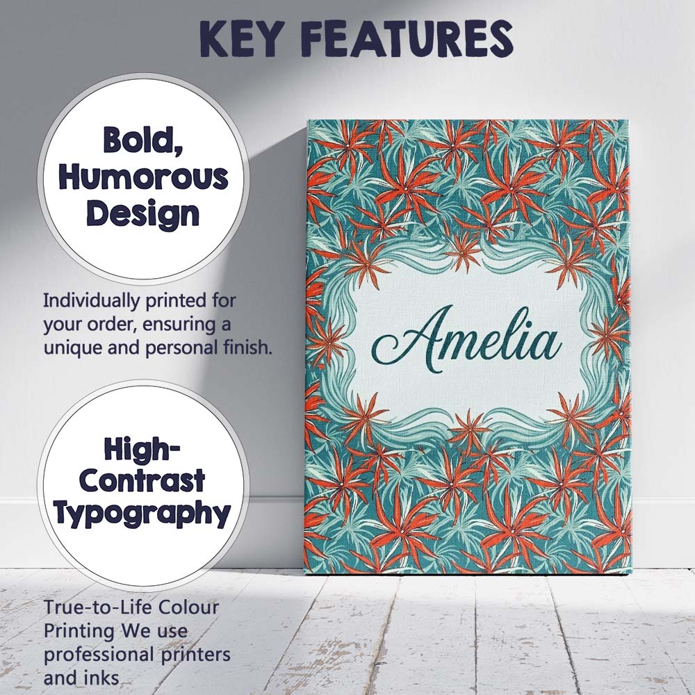 Personalised Name Bold Red Floral Starburst Custom  Bespoke Interior Contemporary Canvas Wall Art Print Decor Picture Ready to Hang