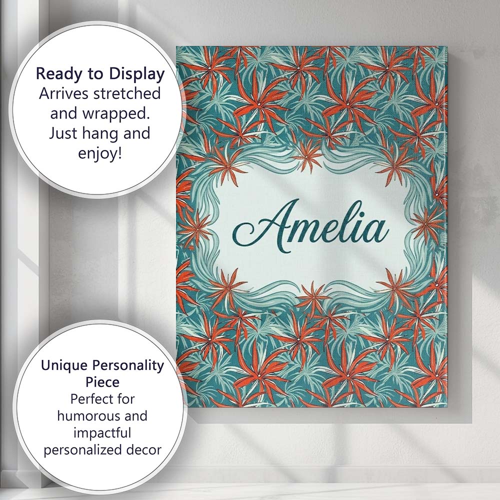 Personalised Name Bold Red Floral Starburst Custom  Bespoke Interior Contemporary Canvas Wall Art Print Decor Picture Ready to Hang