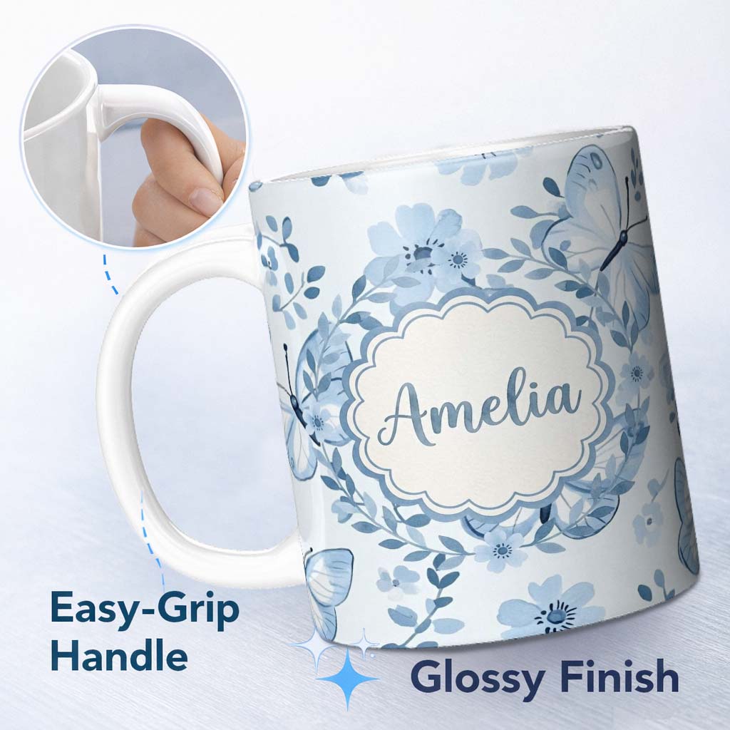 Personalized Custom Name Cute Blue Butterflies with Floral Background Seamless Pattern Lovely 11oz Ceramic Coffee Tea Mug White Large Handle