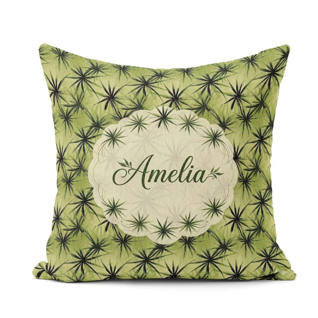 Custom Name Dark Green Spiky Leaf Seamless Pattern Design Lovely Square Filled Cushion Throw Pillow Sofa Bed Home Decor Zip Washable UK Made