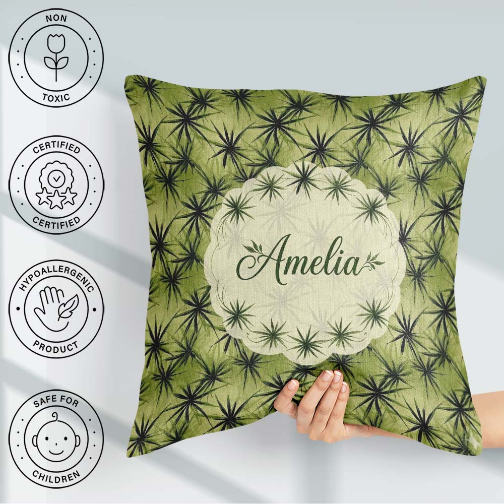 Custom Name Dark Green Spiky Leaf Seamless Pattern Design Lovely Square Filled Cushion Throw Pillow Sofa Bed Home Decor Zip Washable UK Made