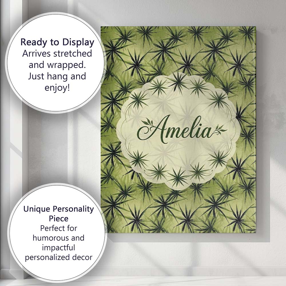 Personalised Name Dark Green Spiky Leaf Custom  Modern Room Accent Elegant Feature Canvas Wall Art Print Decor Picture Ready to Hang