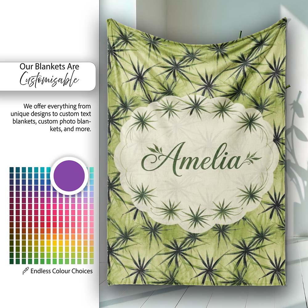 Dark Green Spiky Leaf Botanical Seamless Pattern Design Lovely  Personalised Custom Name Super Soft Fleece Blanket Bed Sofa Throw