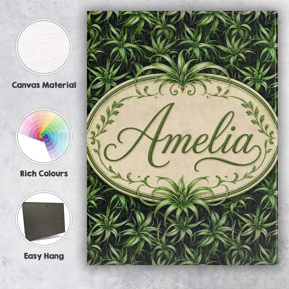 Personalised Name Dark Green Spider Plant Custom  Unique Gift Idea Elegant Feature Canvas Wall Art Print Decor Picture Ready to Hang