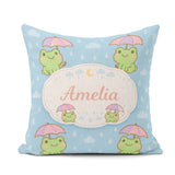 Custom Name Frog Umbrella Rain Cartoon Animal Pattern Everyday Square Filled Cushion Throw Pillow Sofa Bed Home Decor Zip Washable UK Made