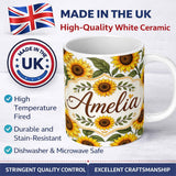 Personalized Custom Name Bright Yellow Sunflower White Background Seamless Pattern Custom 11oz Ceramic Coffee Tea Mug White Large Handle