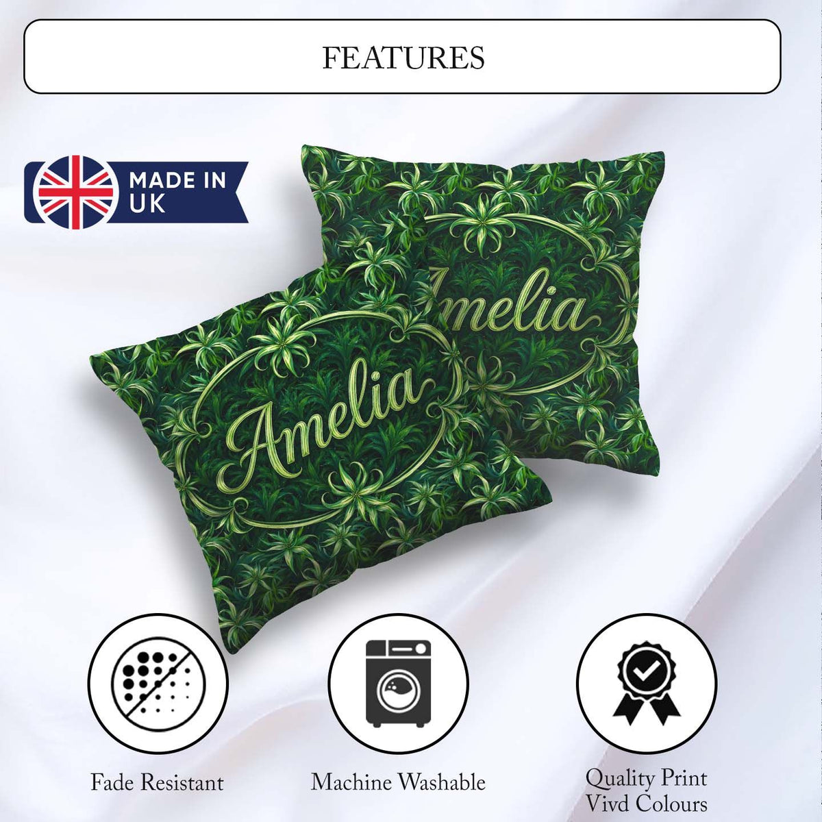 Custom Name Lush Tropical Green Foliage Botanical Jungle Pattern Square Filled Cushion Throw Pillow Sofa Bed Home Decor Zip Washable UK Made