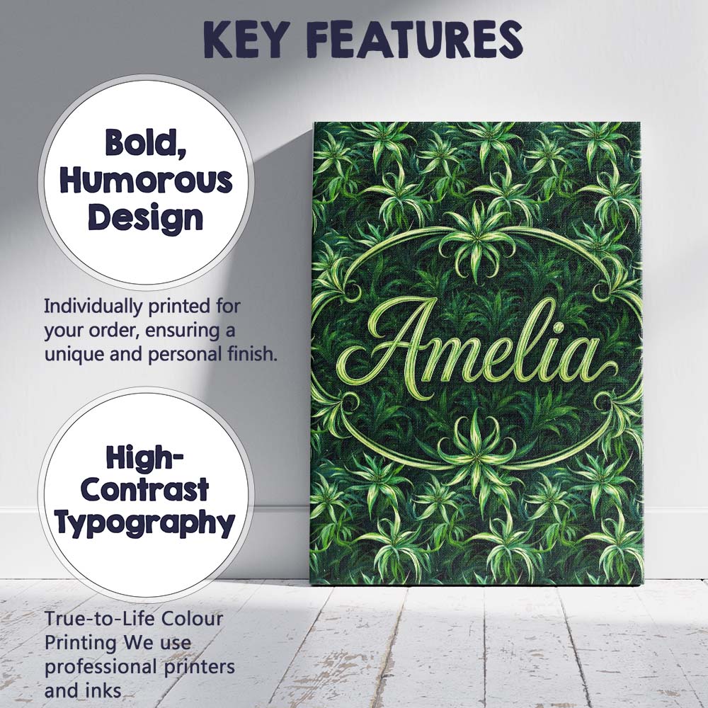 Personalised Name Lush Tropical Green Custom Modern Room Accent Creative Decorator Style Canvas Wall Art Print Decor Picture Ready to Hang